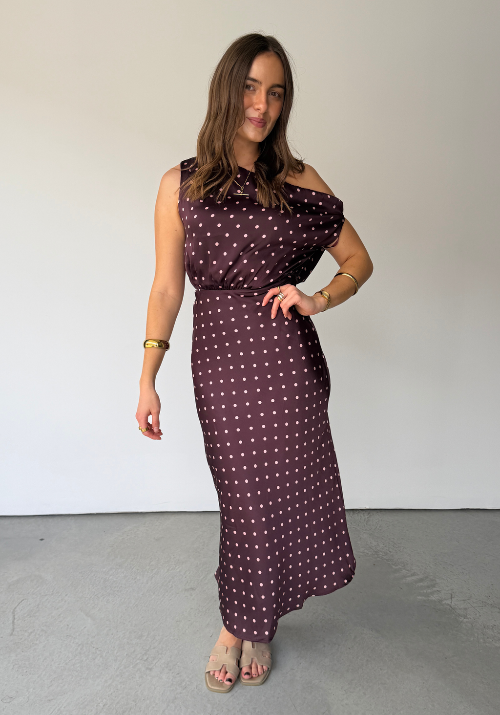 ELODIE ONE SHOULDER MIDI DRESS - CHOCOLATE SPOT