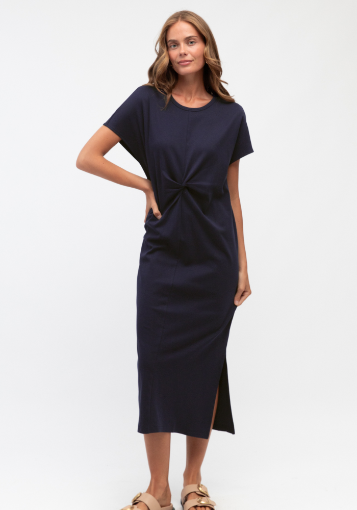 ELLIE FRONT TWIST TEE SHIRT DRESS - NAVY