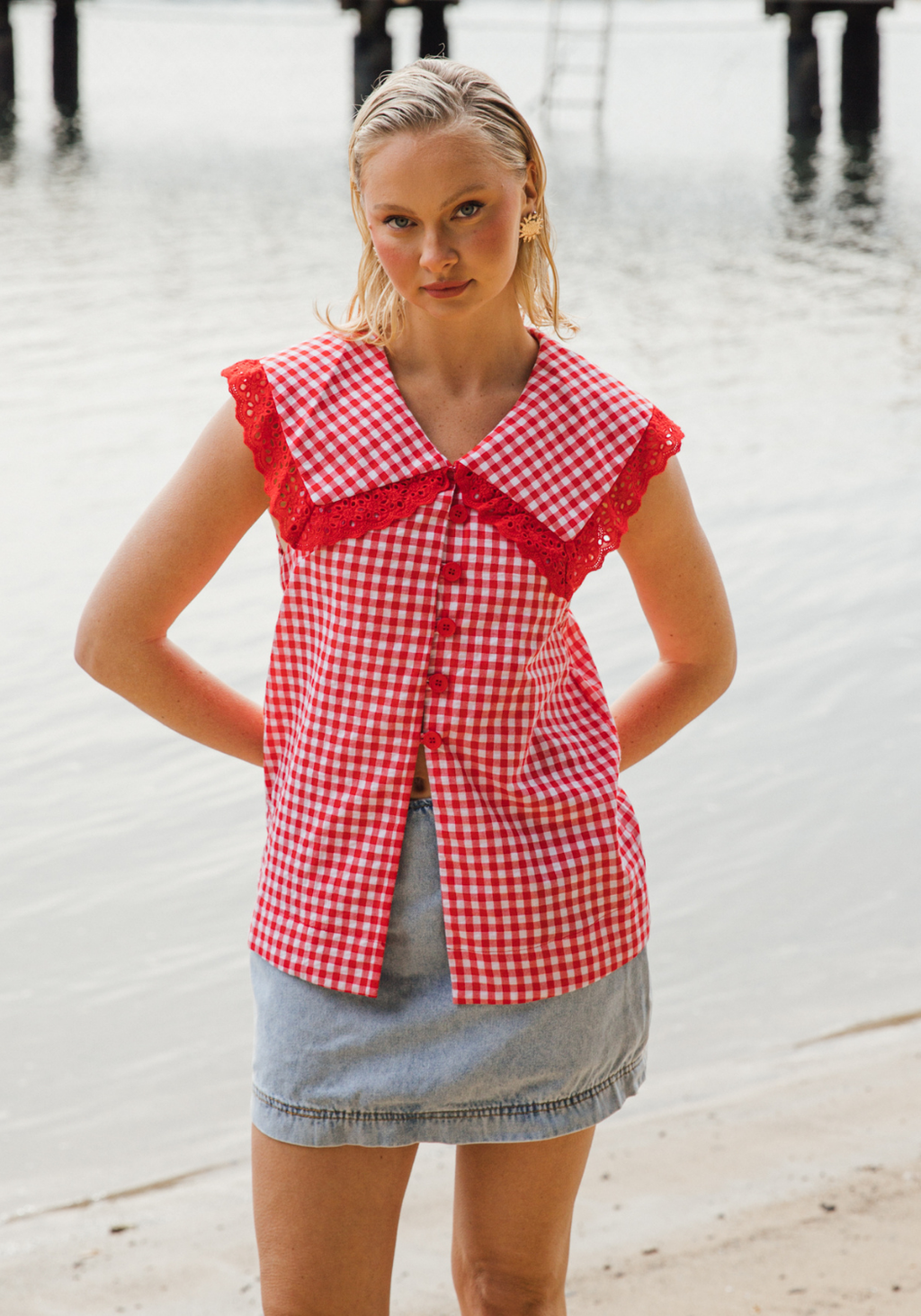 ABIGAIL PETER PAN COLLAR TOP - RED GINGHAM