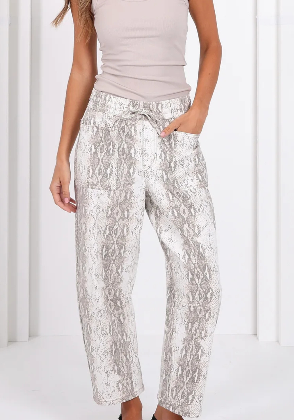 LEO DENIM BARREL JEANS - SNAKESKIN PRINT