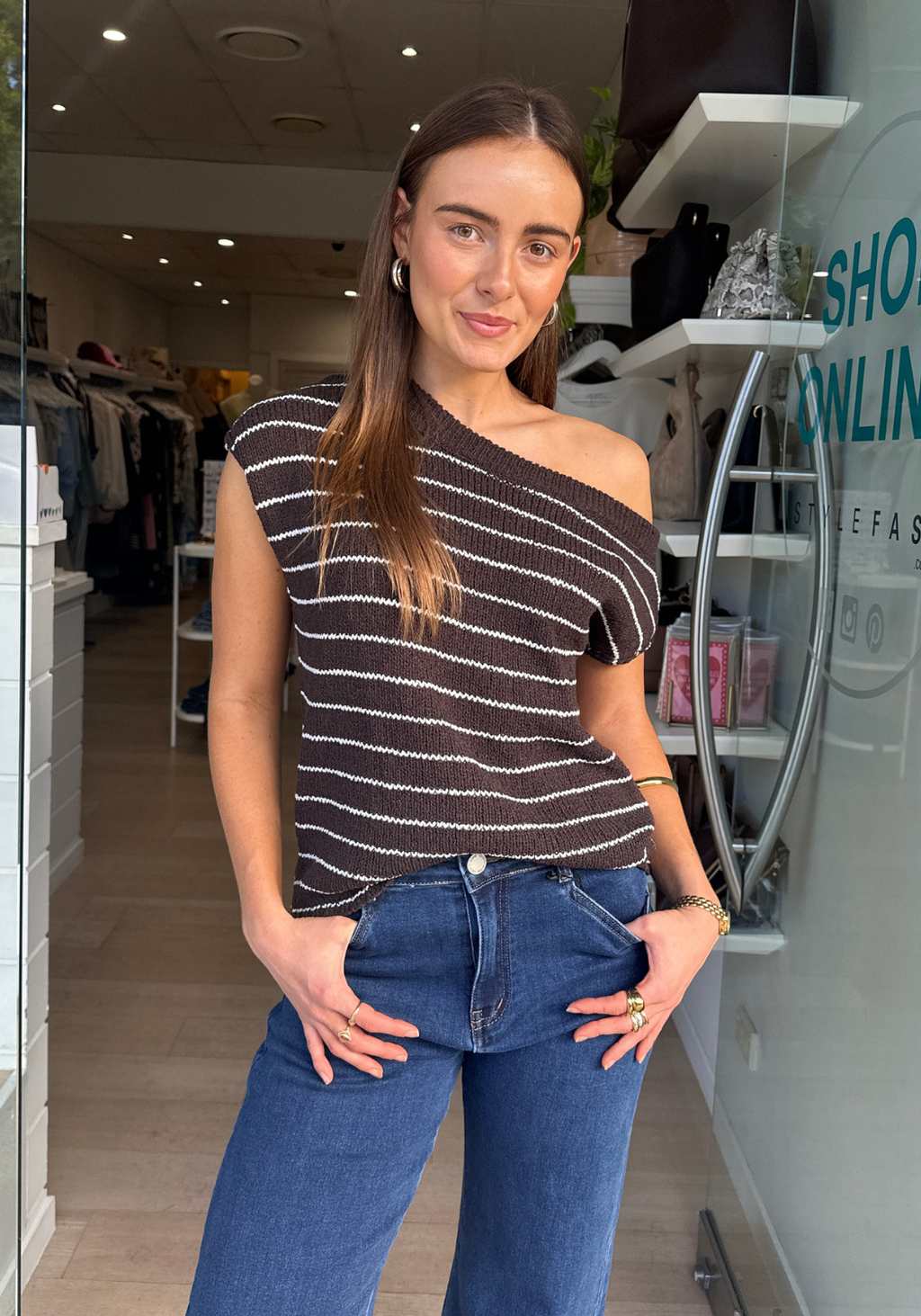 MADISON OFF THE SHOULDER KNIT TOP - CHOCOLATE & WHITE STRIPE
