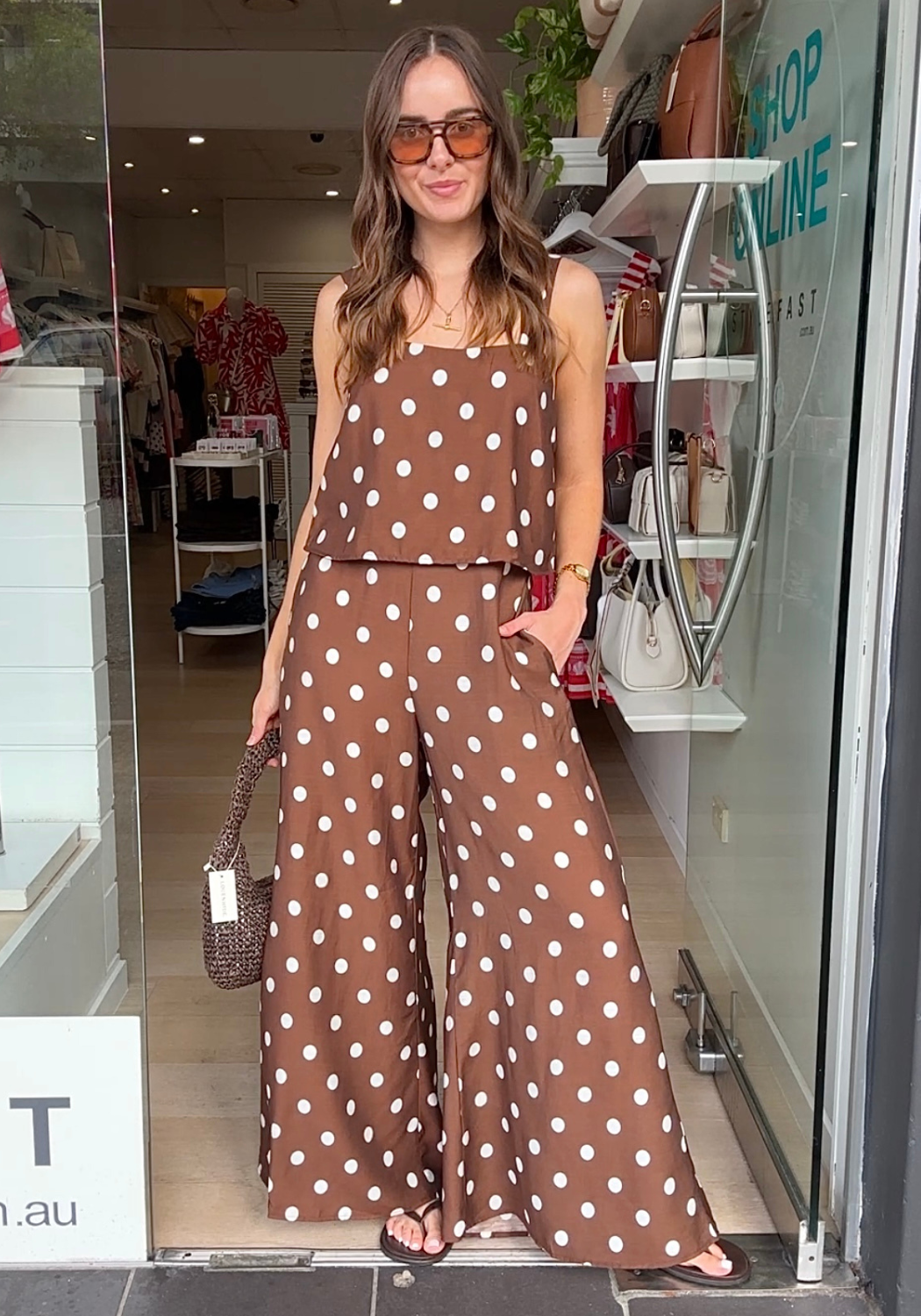 RHIANNON JUMPSUIT - CHOCOLATE SPOT PRINT