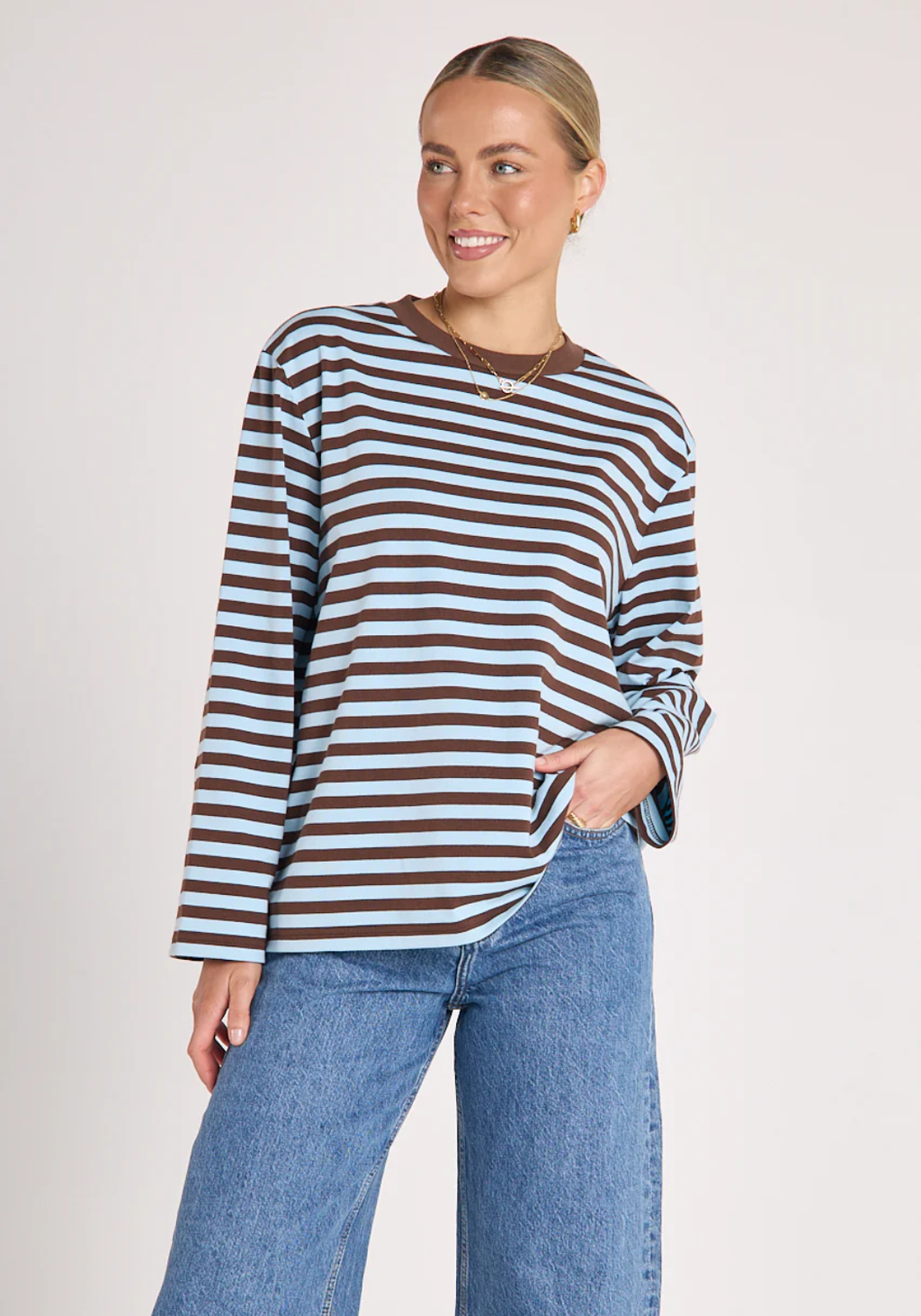 FEATHER + NOISE CARTER LONG SLEEVE TEE - CHOC/BLUE