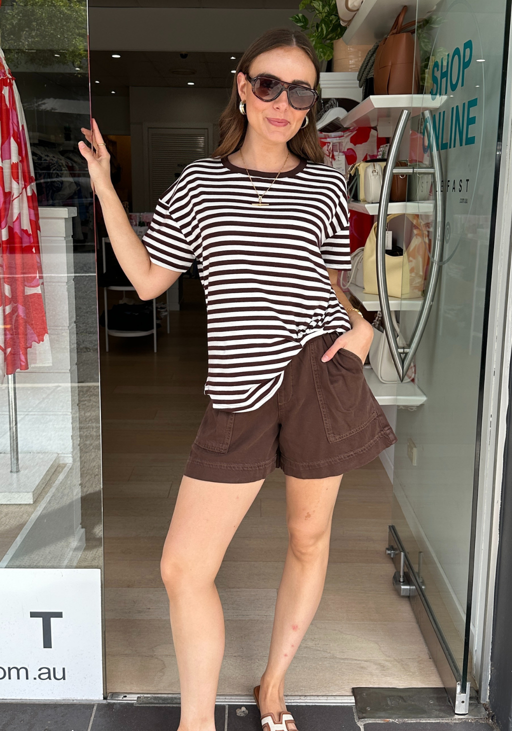 JESSIE EASY TUCK TEE - CHOCOLATE STRIPE