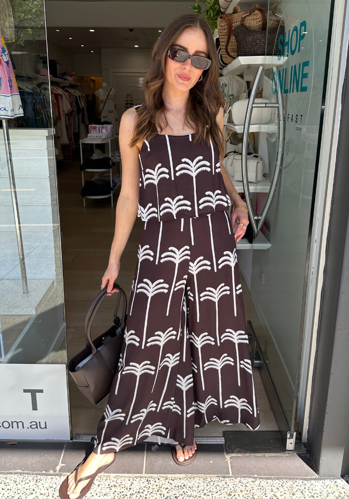 ANIKA JUMPSUIT - CHOCOLATE PALM PRINT