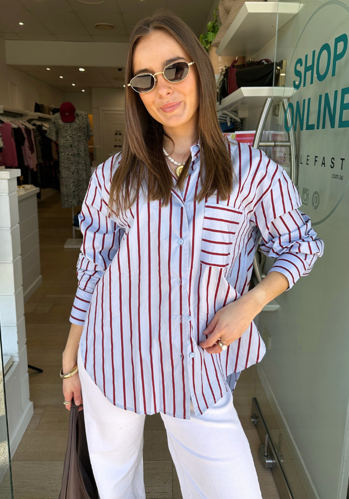 ZANA BUTTON THROUGH SHIRT - BLUE & BURGUNDY