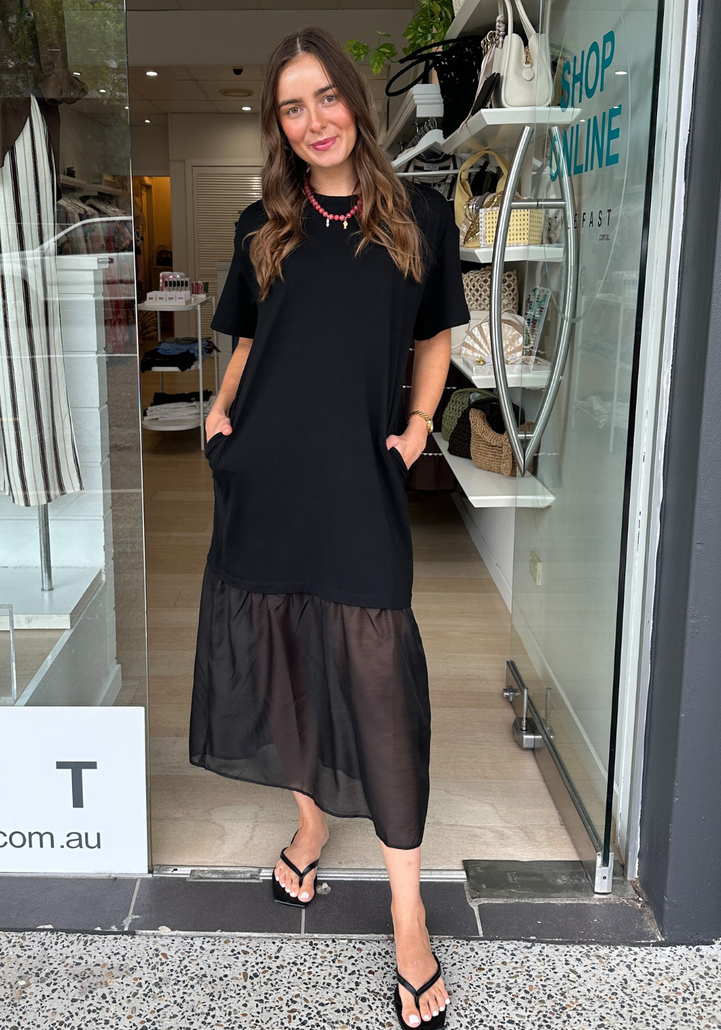 LARA SHEER HEM TEE DRESS - BLACK