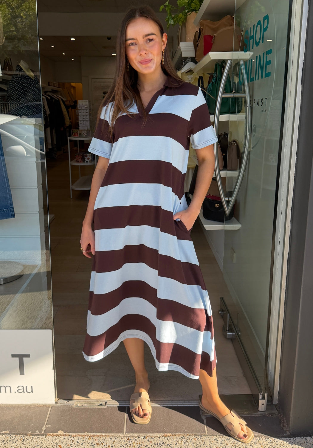 BROOKE COTTON JERSEY MIDI DRESS - CHOCOLATE/BLUE STRIPE