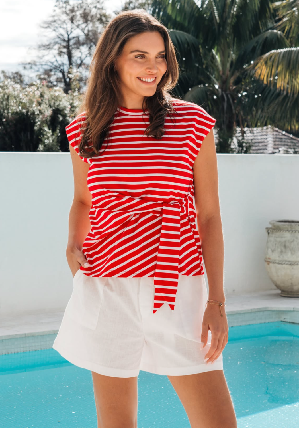 GRACE FRONT TIE COTTON TEE - RED/WHITE STRIPE