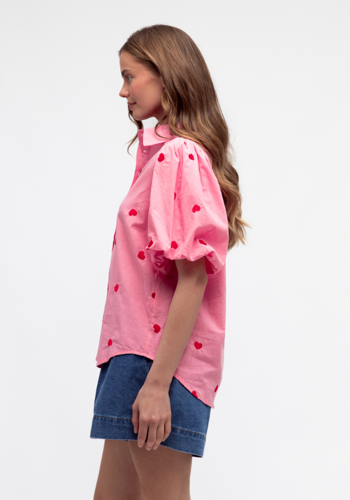 CARMEN HEART BUTTON THROUGH SHIRT - PINK/ RED HEART