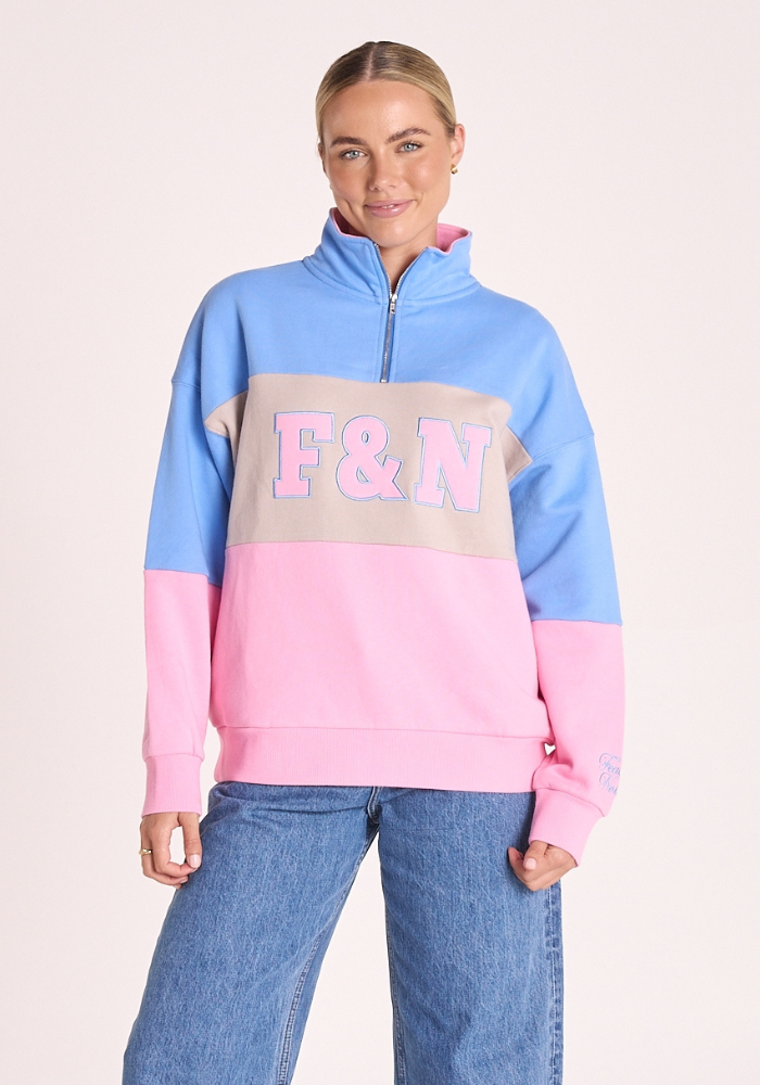FEATHER + NOISE VARSITY LOGO SWEATER - PINK STRIPE