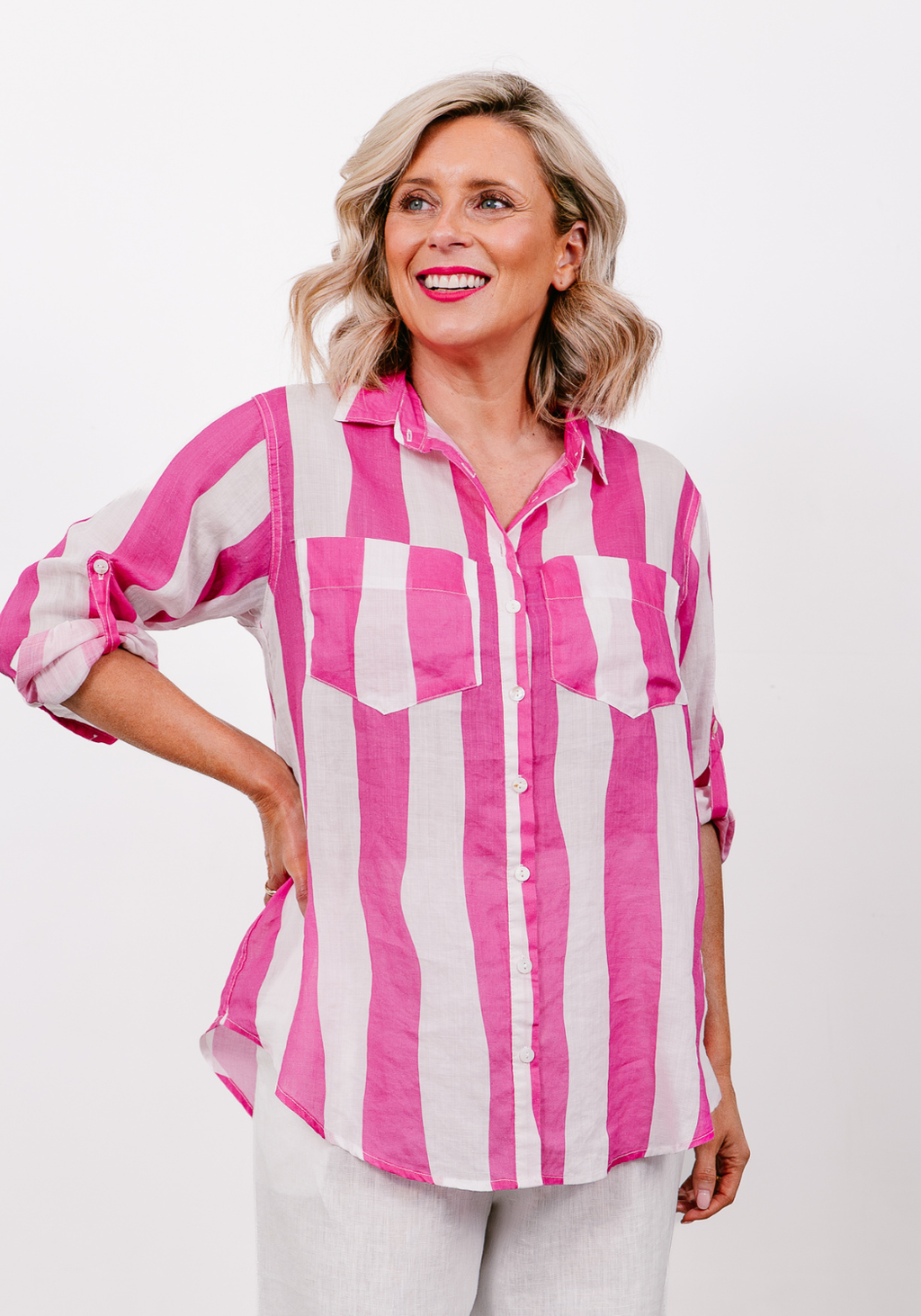 SHAE LINEN SHIRT - PINK/WHITE STRIPE