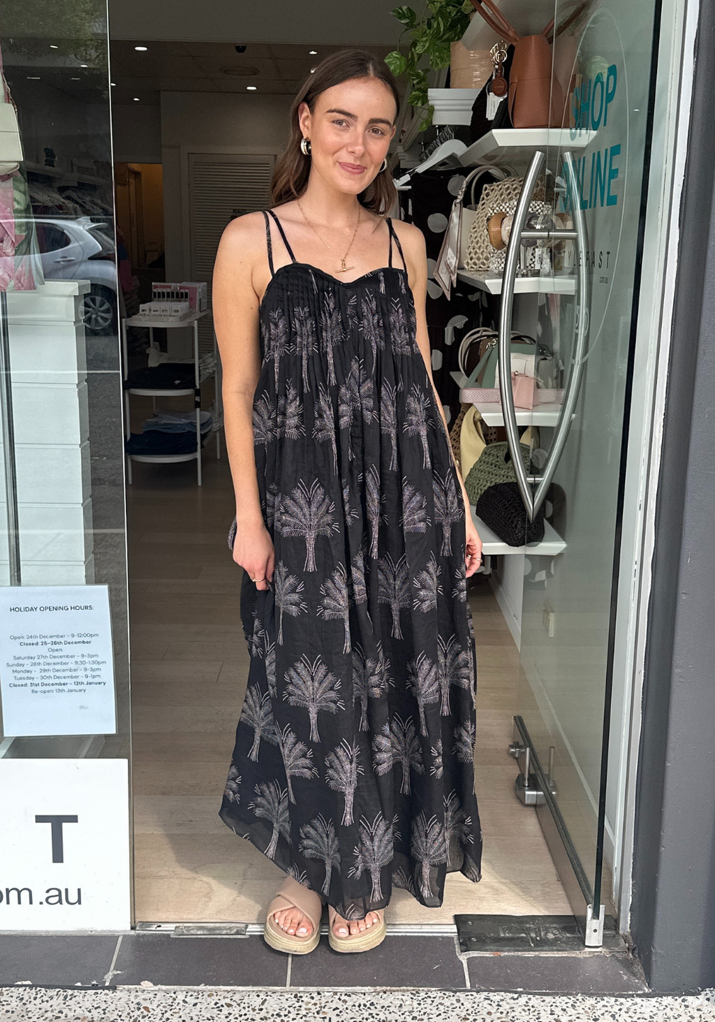 ADORNE INDRA PINTUCK MAXI DRESS - PALM PRINT