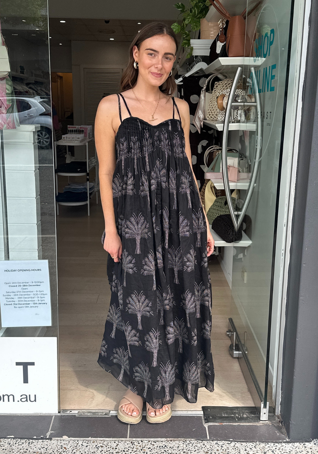 ADORNE INDRA PINTUCK MAXI DRESS - PALM PRINT