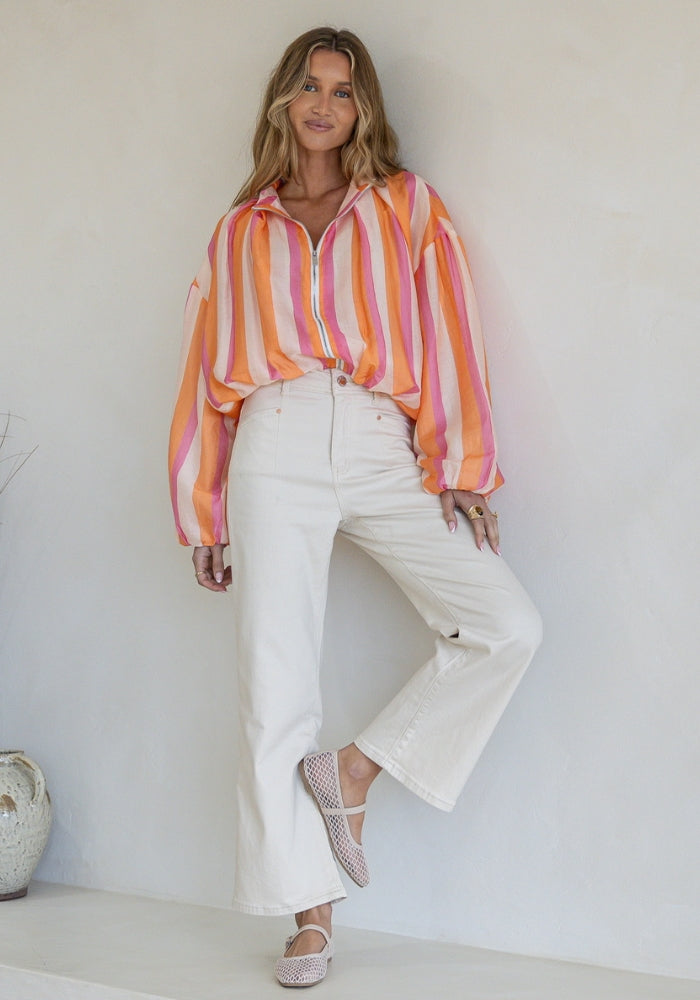 JENNI ZIP BLOUSE - ORANGE & PINK STRIPE