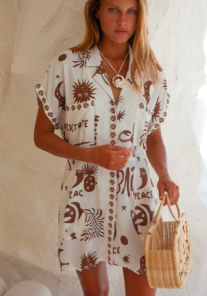 Load image into Gallery viewer, PALM COLLECTIVE BAGUS SHIRTDRESS - MOONLIT BROWN PRINT