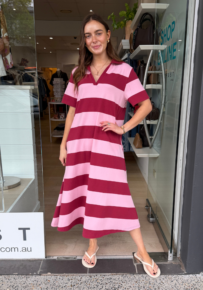 BROOKE COTTON JERSEY MIDI DRESS - PINK/BURGUNDY STRIPE