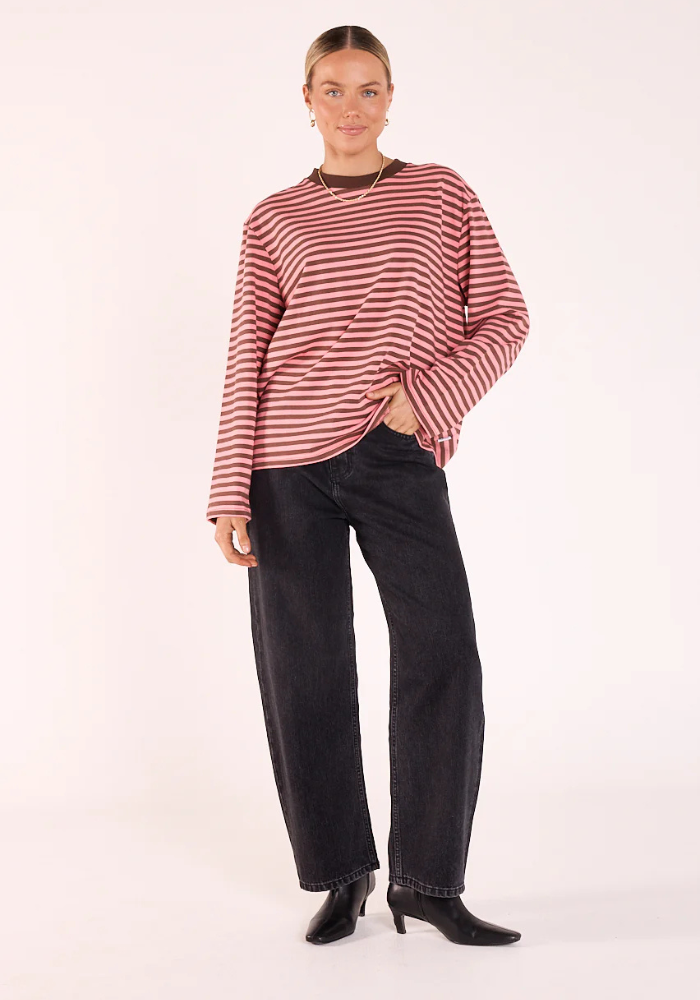 FEATHER + NOISE CARTER LONG SLEEVE TEE - CHOC/PINK STRIPE