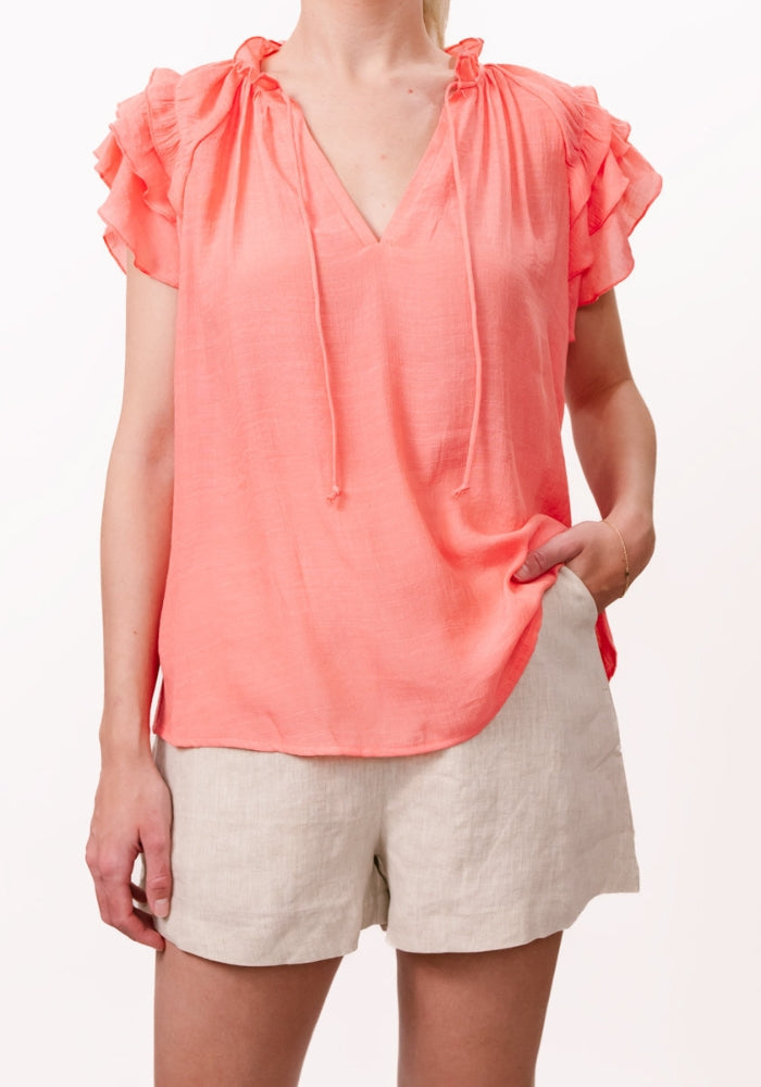 BRITTANY RUFFLE SLEEVE BLOUSE - NEON CORAL