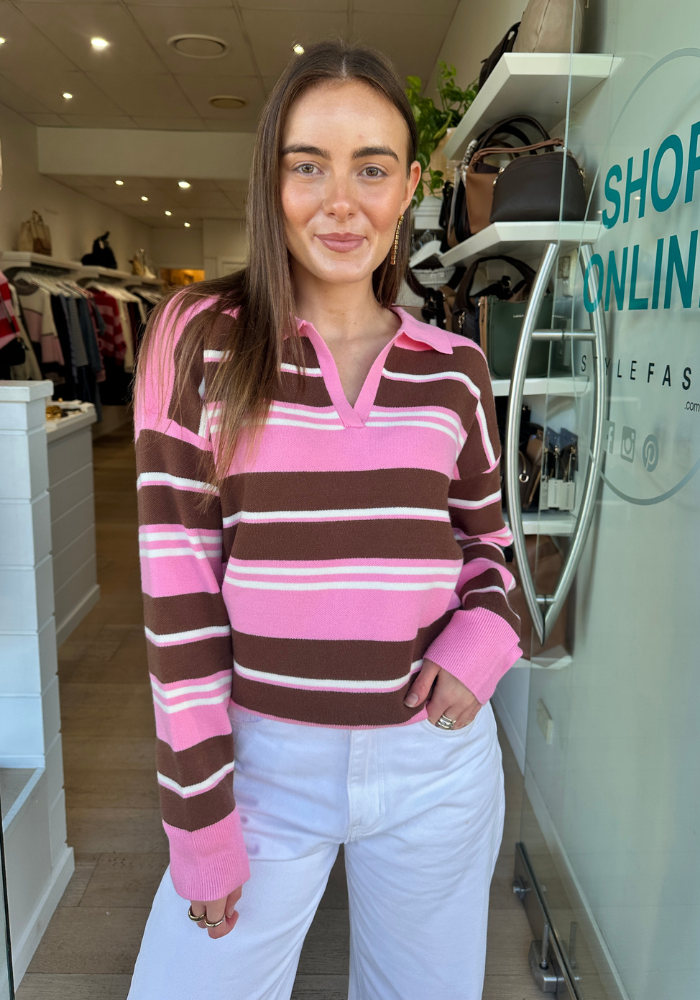 BENNI VARSITY JUMPER - PINK/CHOCOLATE