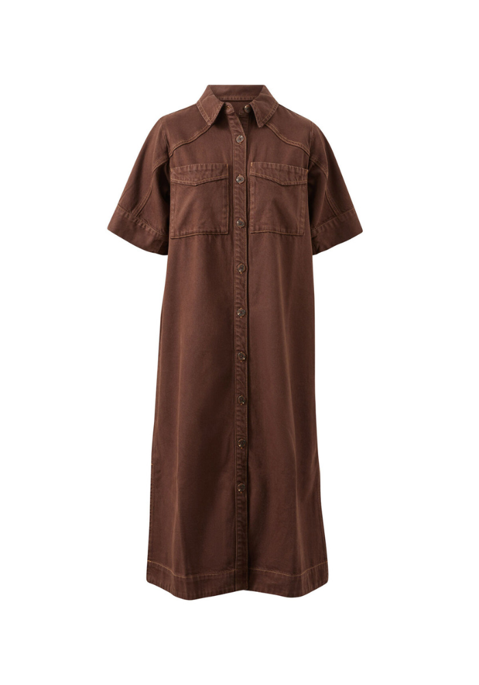 CERES LIFE AVA YOKE DETAIL MIDI DRESS - CHOCOLATE