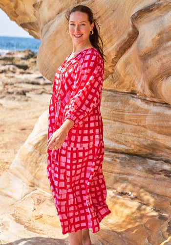 BETHANY BATWING SLEEVE MIDI DRESS - RED AND PINK CHECK