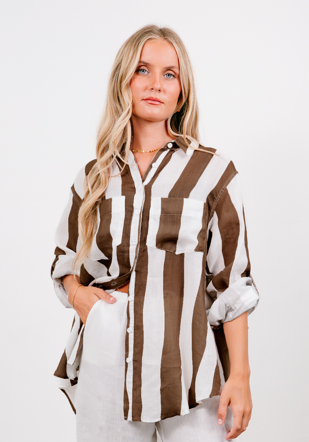 SHAE BUTTON THROUGH SHIRT - CHOCOLATE & WHITE STRIPE