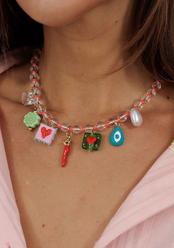 ZODA BEADED CHARM NECKLACE - ORANGE/PEARL