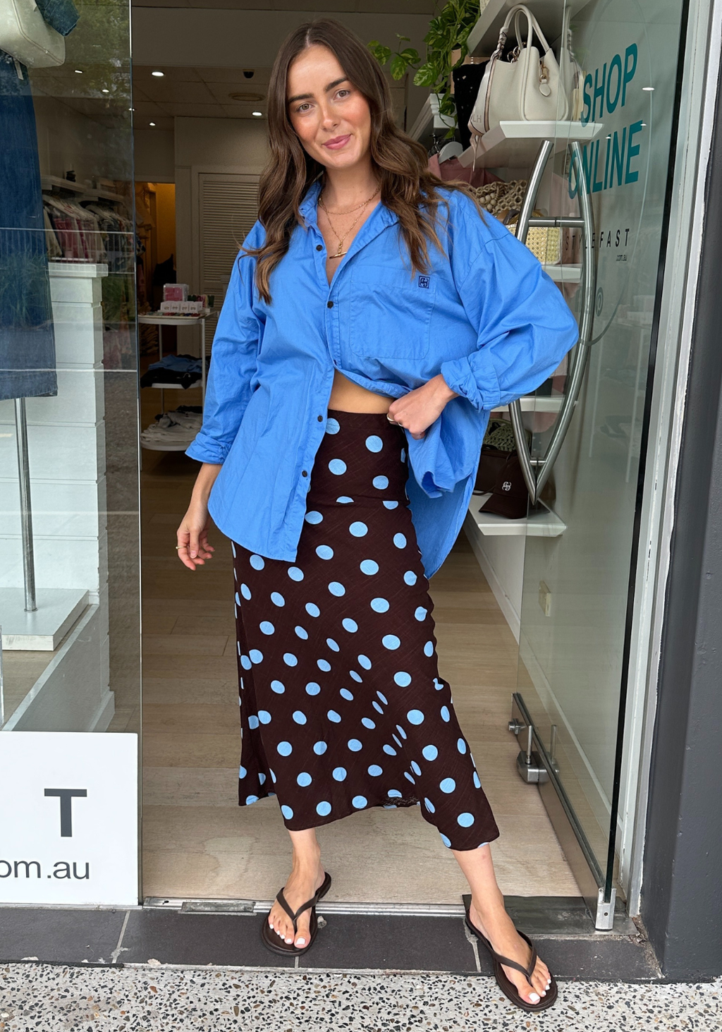 SABRINA MIDI SKIRT - CHOCOLATE & BLUE SPOT