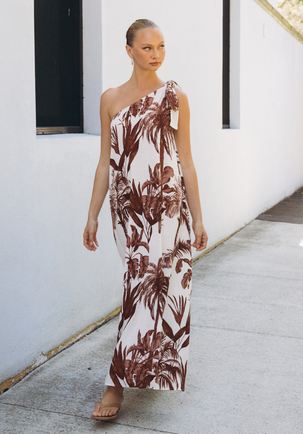 ELVA ONE SHOULDER MAXI DRESS - CHOCOLATE PALM