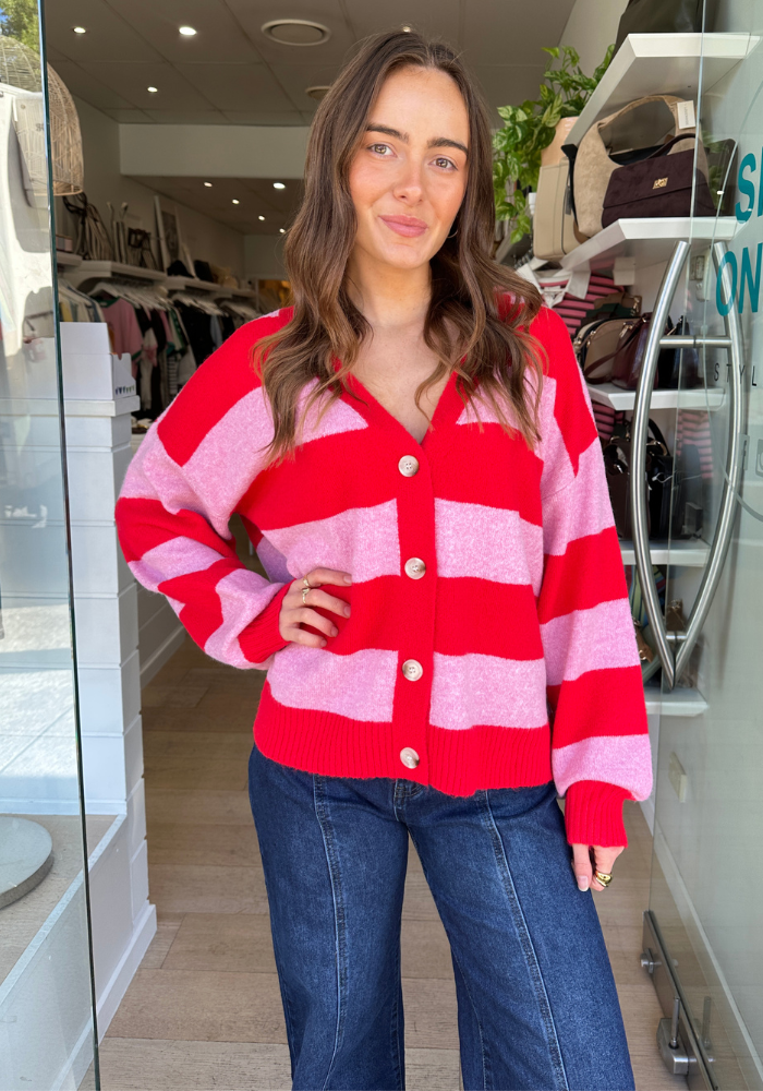 YANA V NECK KNIT - RED/PINK STRIPE