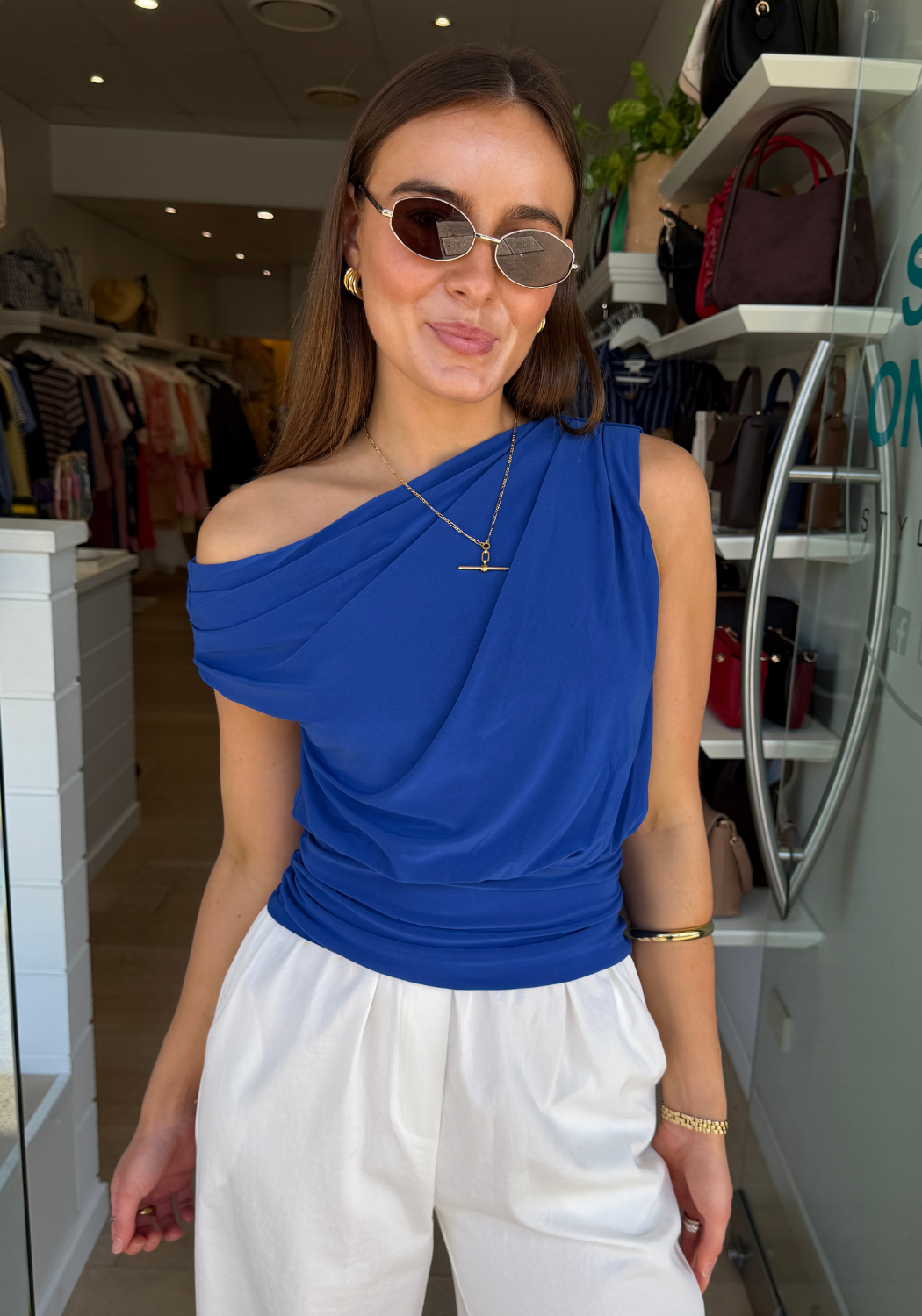PIPPA ASYMMETRIC DRAPE SHOULDER TOP - COBALT