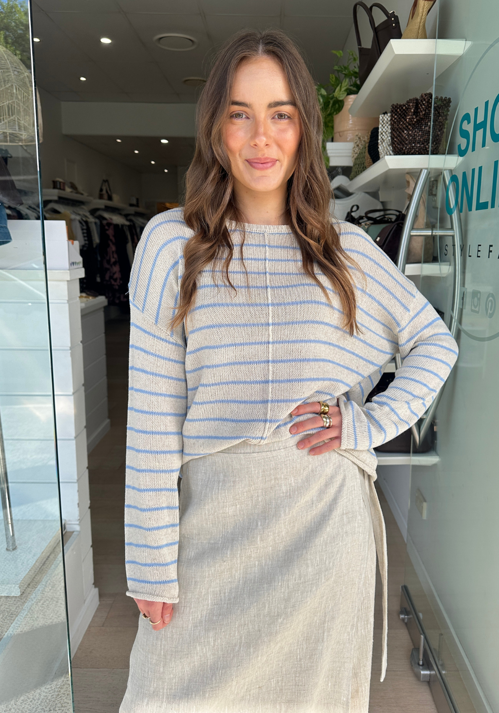 INDI LIGHTWEIGHT L/S KNIT TOP - OATMEAL/BLUE STRIPE