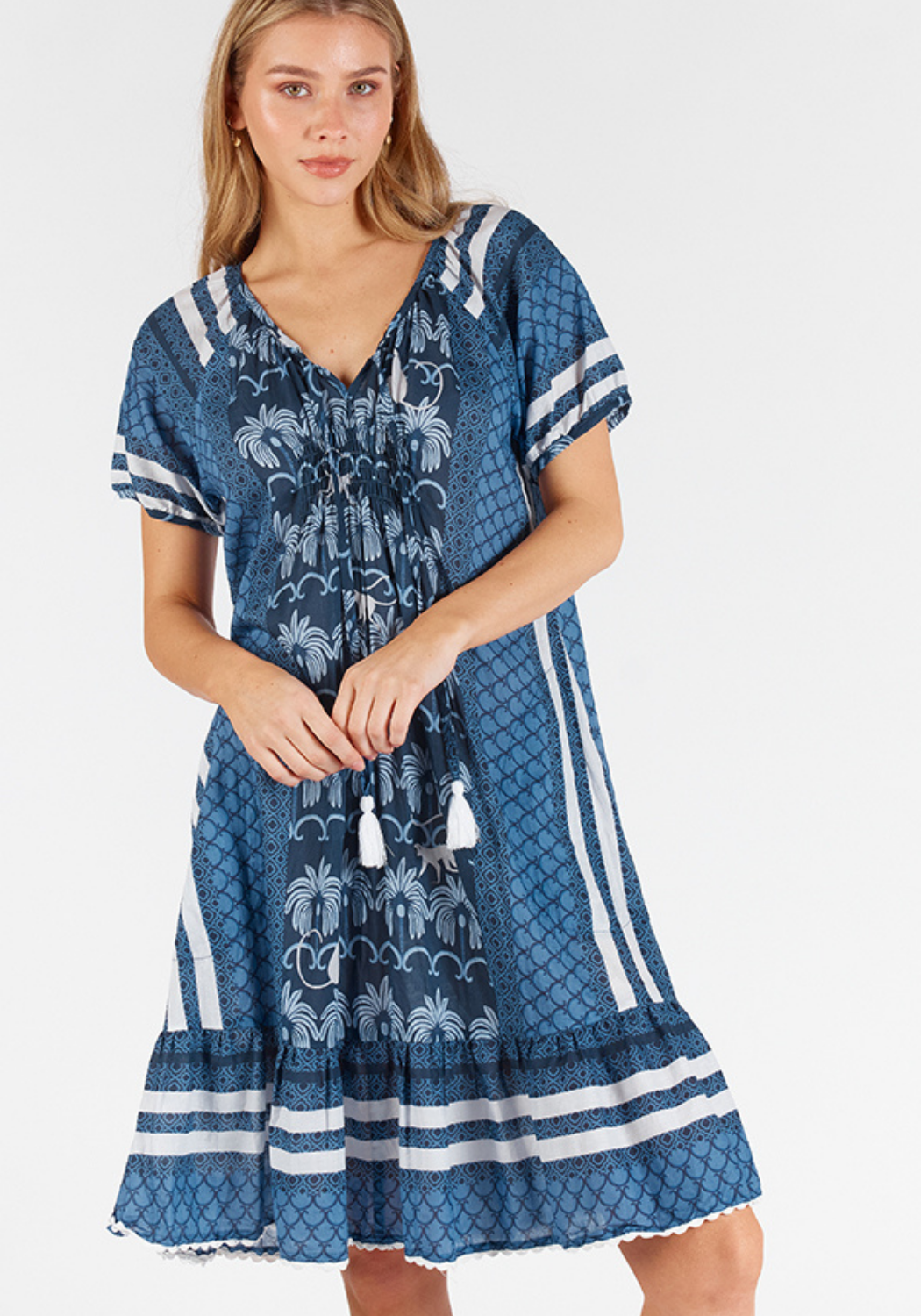 LULALIFE BLAKELY COTTON SHIRRED DRESS - NAVY