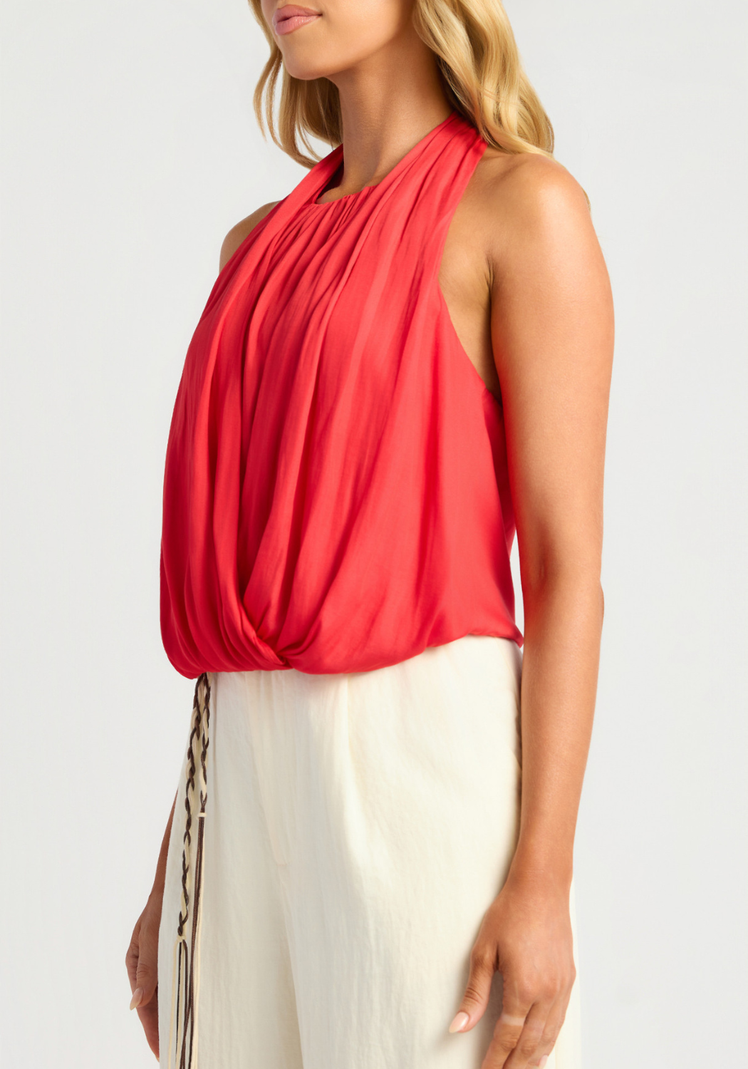 GOLDIE DRAPED FRONT BUBBLE HEM HALTER TOP - RED