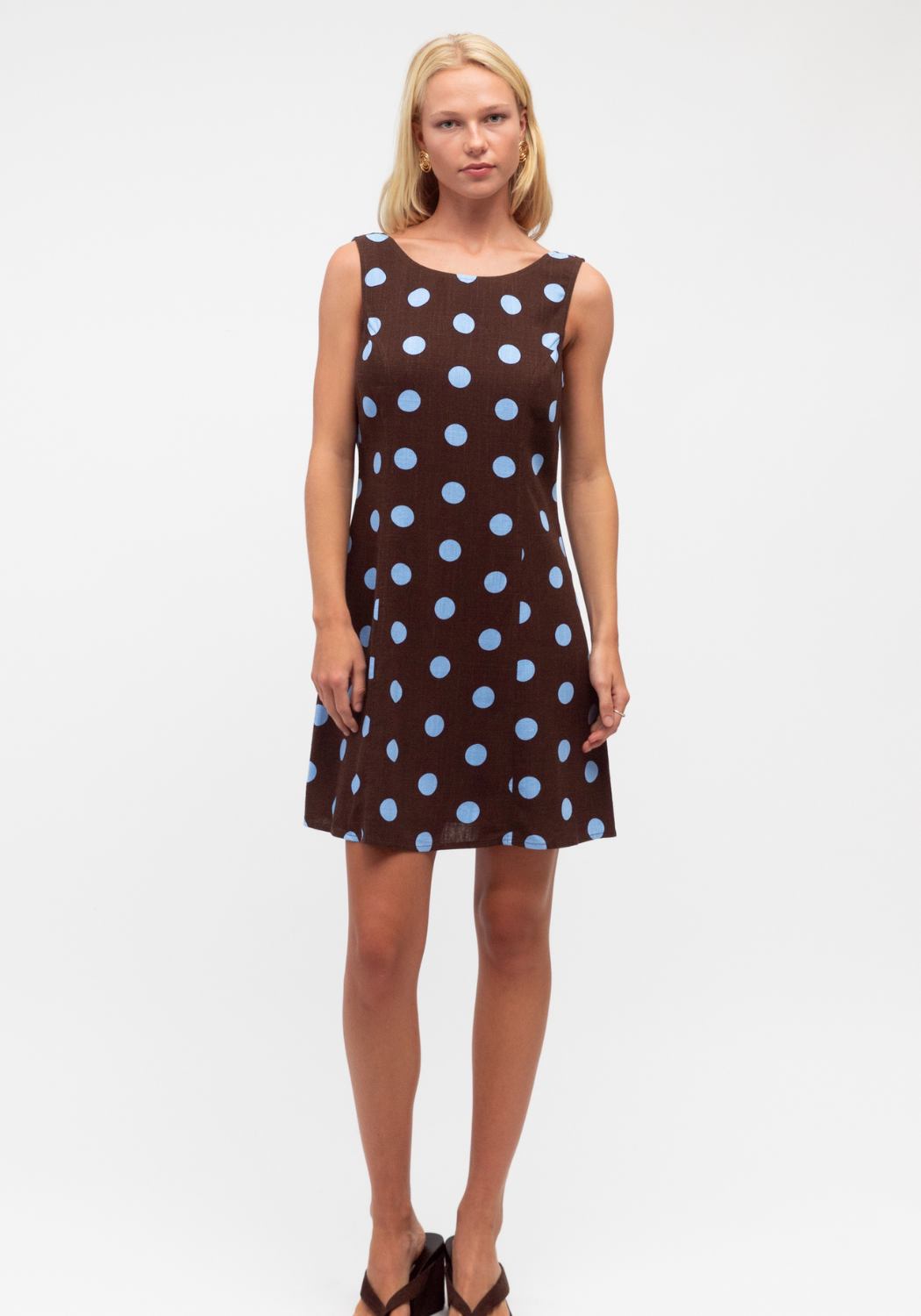 SABRINA MINI SHIFT DRESS - CHOCOLATE & BLUE SPOT