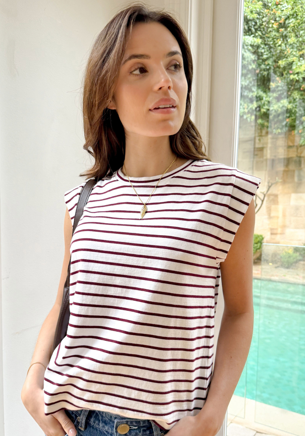 CERES LIFE EXTENDED SHOULDER TEE - WHITE/POMEGRANATE STRIPE