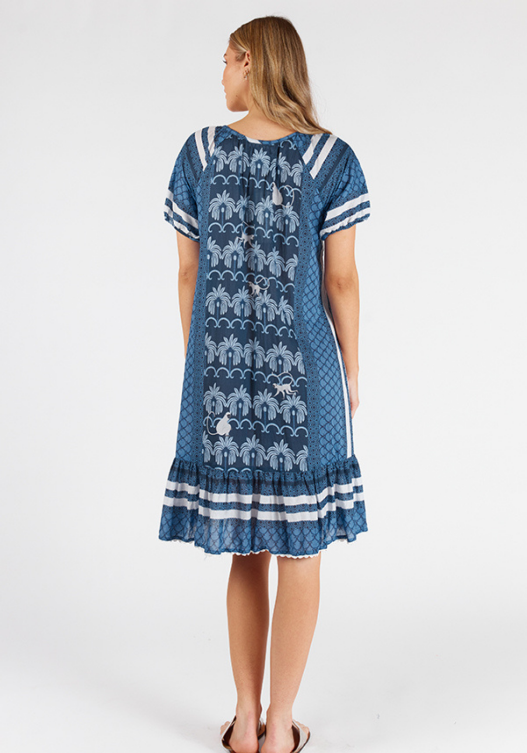 LULALIFE BLAKELY COTTON SHIRRED DRESS - NAVY