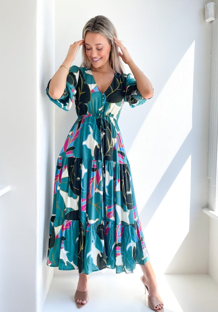 MIM BUTTON FRONT TIERED MAXI DRESS - GREEN LEAF