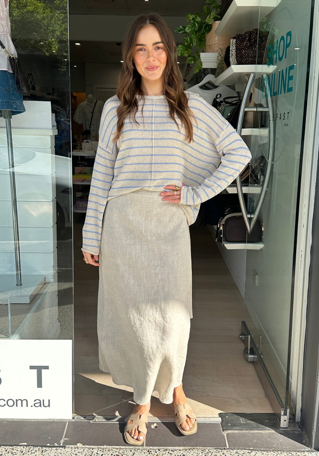 INDI LIGHTWEIGHT L/S KNIT TOP - OATMEAL/BLUE STRIPE