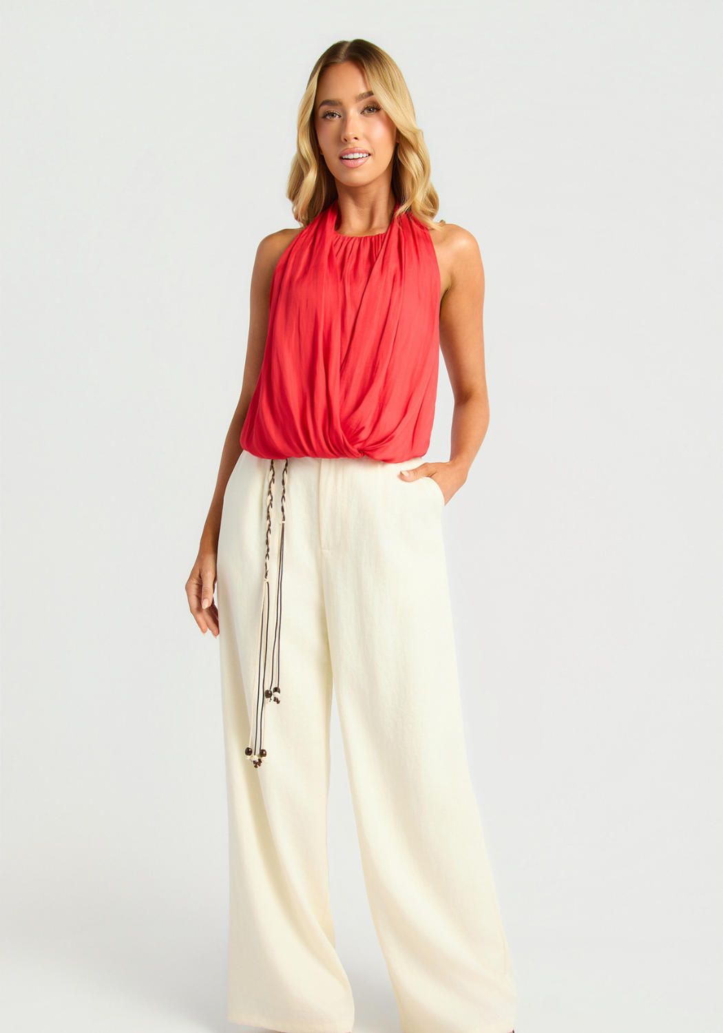 GOLDIE DRAPED FRONT BUBBLE HEM HALTER TOP - RED