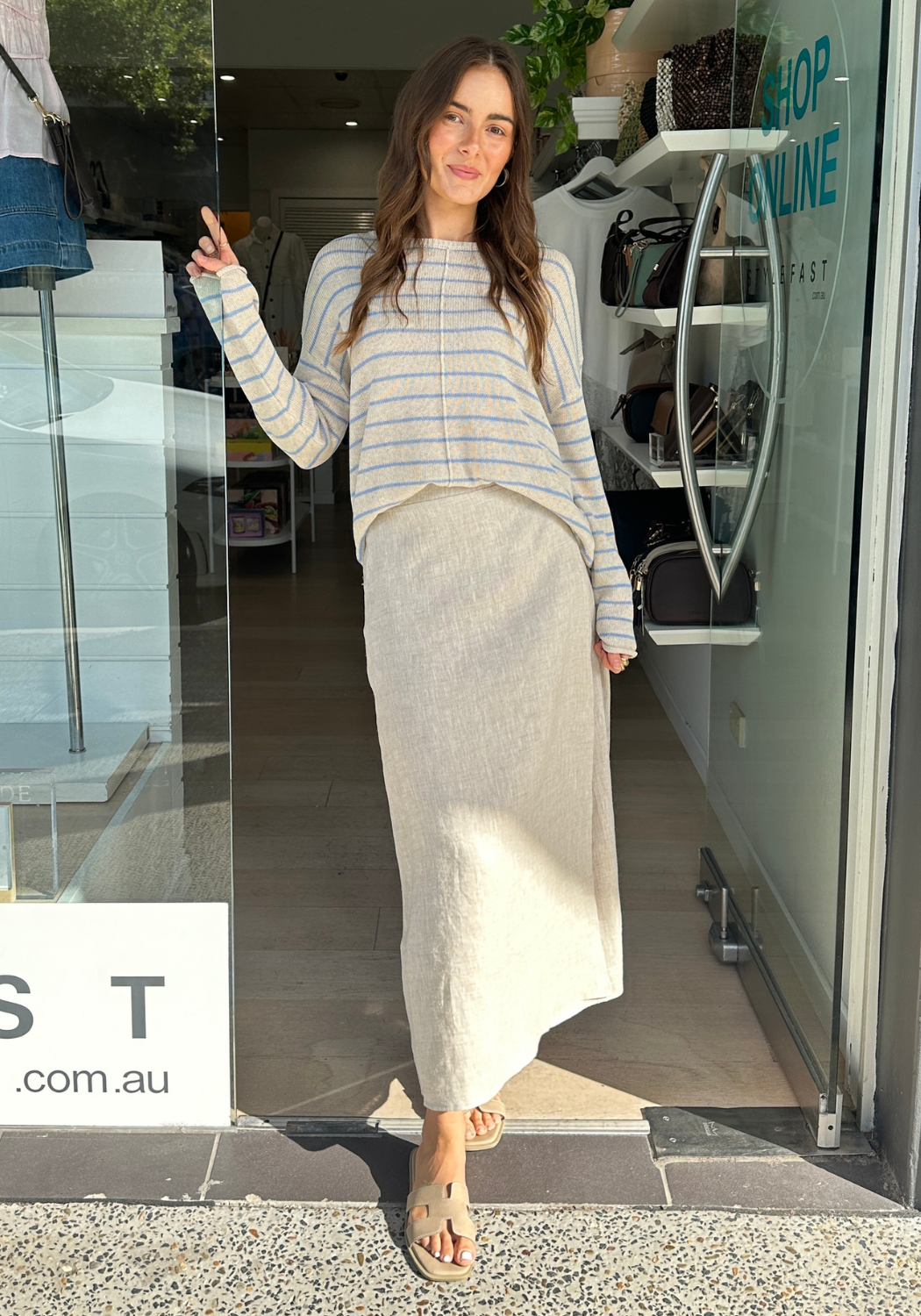 INDI LIGHTWEIGHT L/S KNIT TOP - OATMEAL/BLUE STRIPE