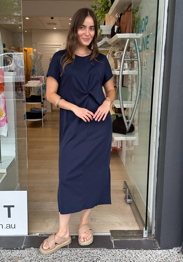 ELLIE FRONT TWIST TEE SHIRT DRESS - NAVY