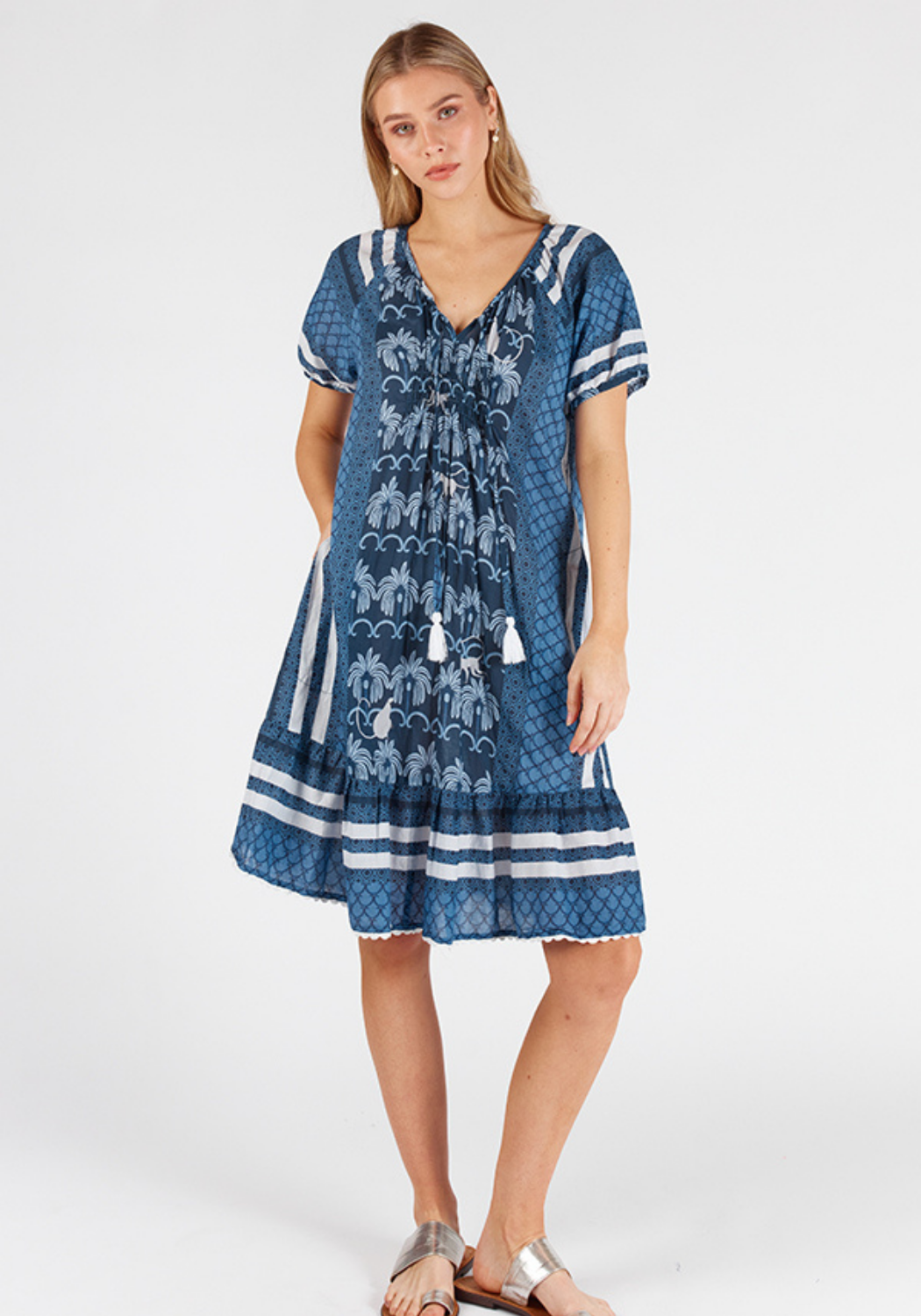 LULALIFE BLAKELY COTTON SHIRRED DRESS - NAVY