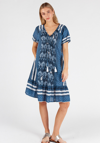 LULALIFE BLAKELY COTTON SHIRRED DRESS - NAVY