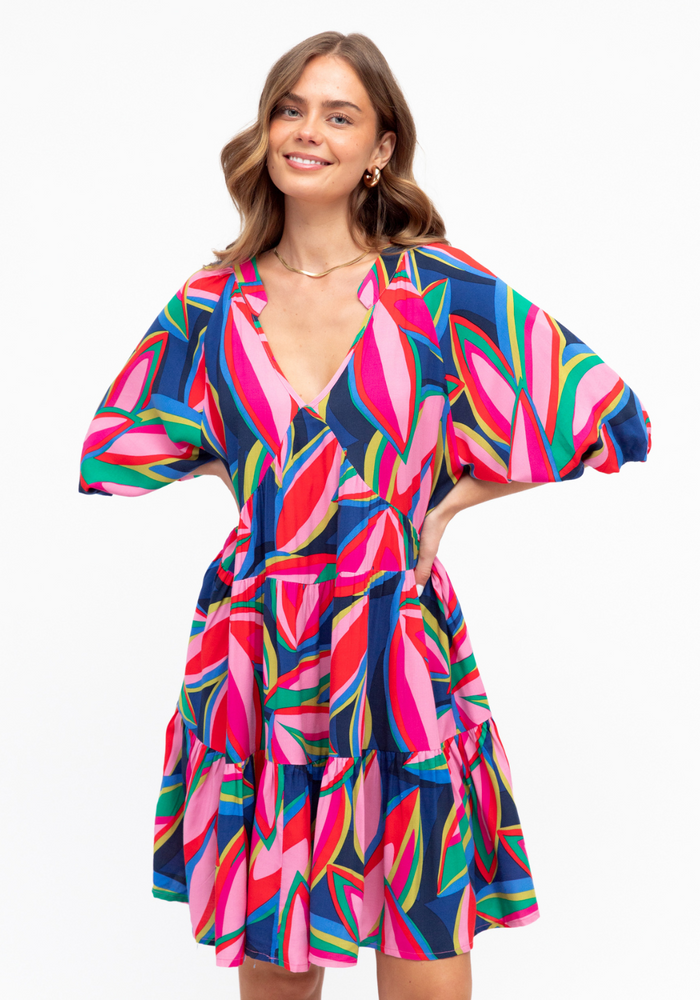 Load image into Gallery viewer, ZINNIA TIERED MINI DRESS - MULTI PRINT