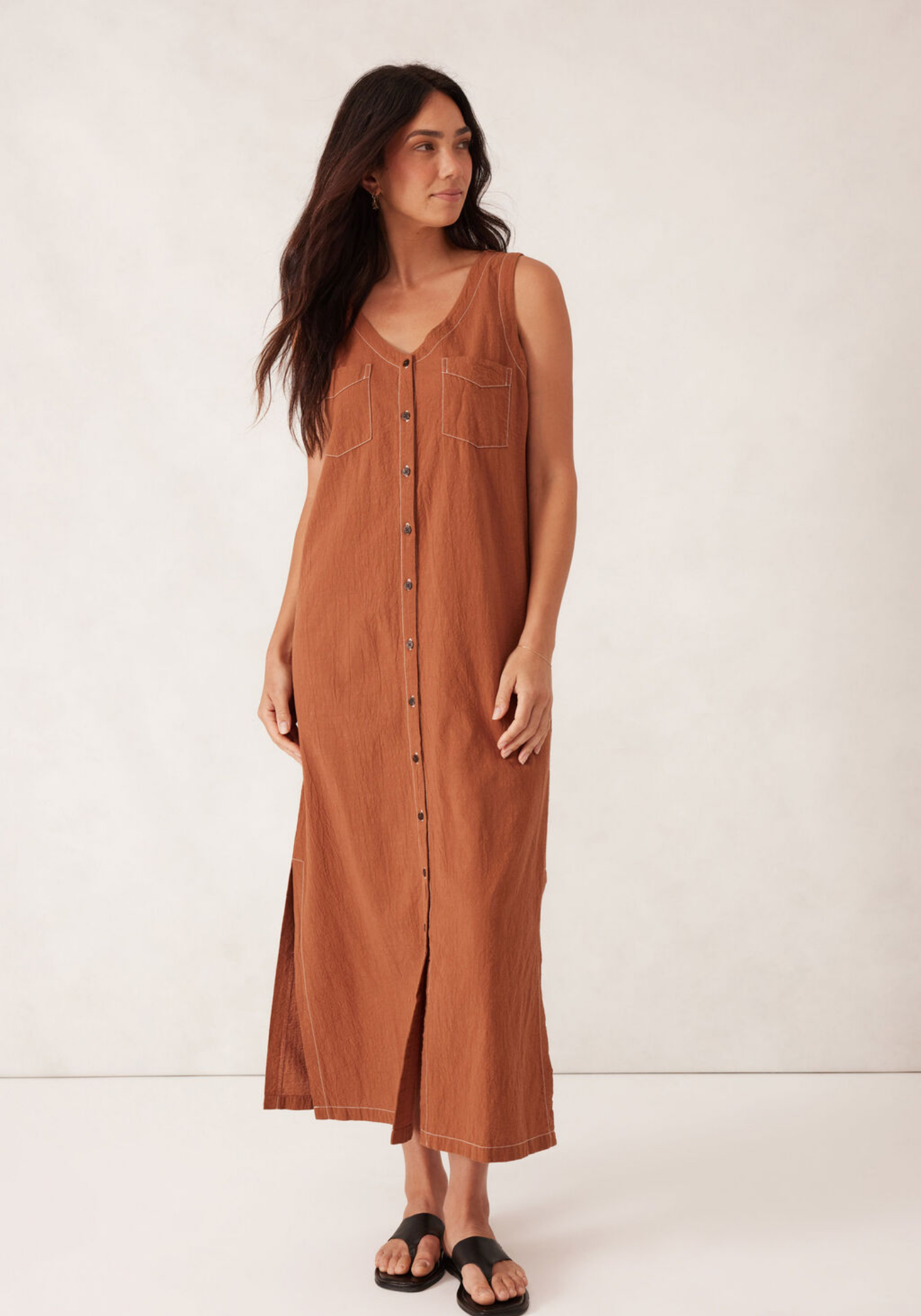 CERES LIFE BUTTON THROUGH MIDI SHIFT DRESS - BURNT CAMEL