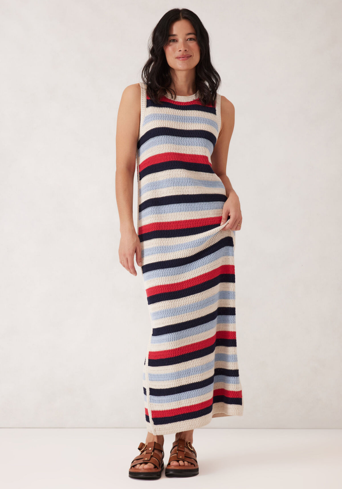 CERES LIFE TEXTURED MULTI STRIPE KNIT MIDI DRESS - HERITAGE RED STRIPE