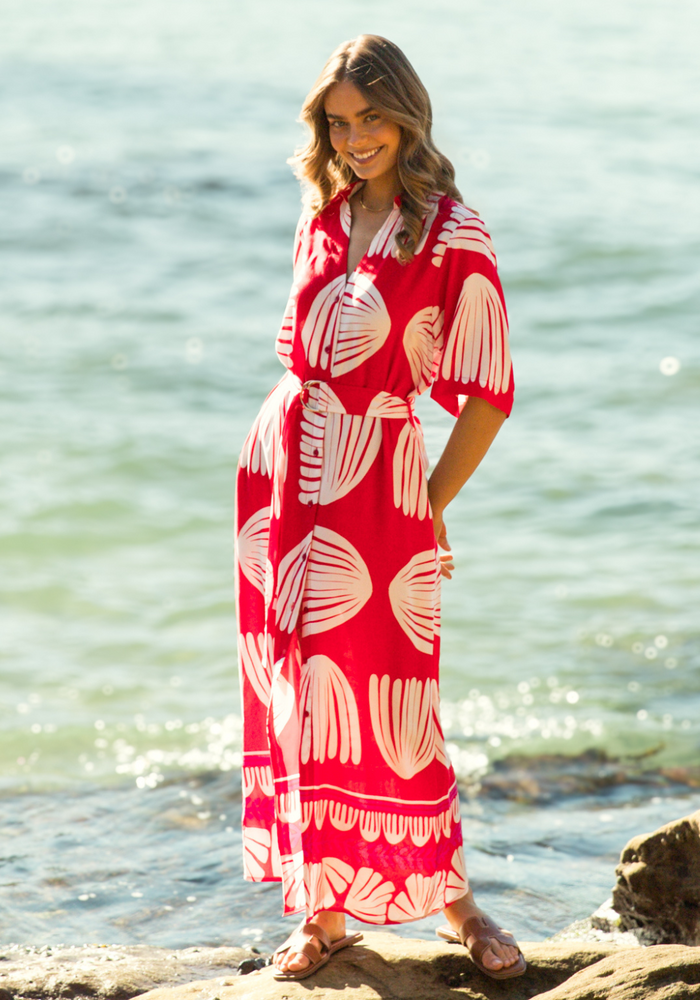 Load image into Gallery viewer, TALLULAH MAXI SHIRTDRESS - RED &amp; WHITE PRINT