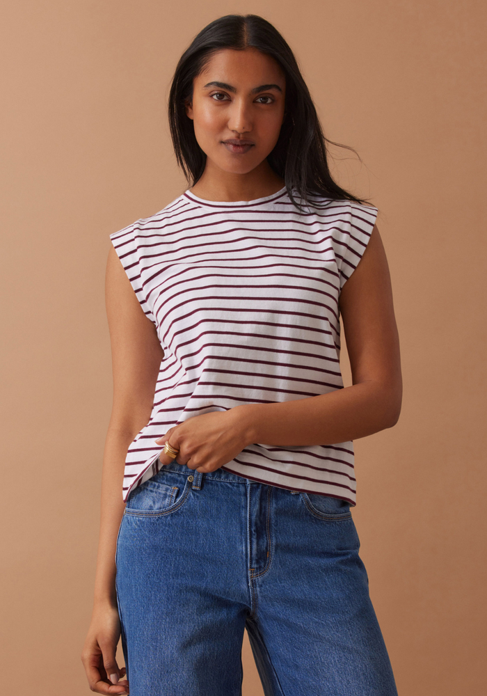 Load image into Gallery viewer, CERES LIFE EXTENDED SHOULDER TEE - WHITE/POMEGRANATE STRIPE